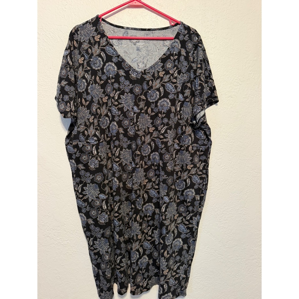 Pure Jill J. Jill Organic Cotton V-Neck T-Shirt Dress Black Floral Plus 2X